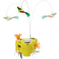 Chair style cat toy with floating bird and feather to tease the cat