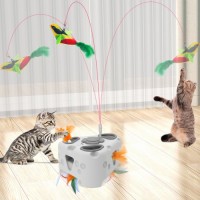Chair style cat toy with floating bird and feather to tease the cat