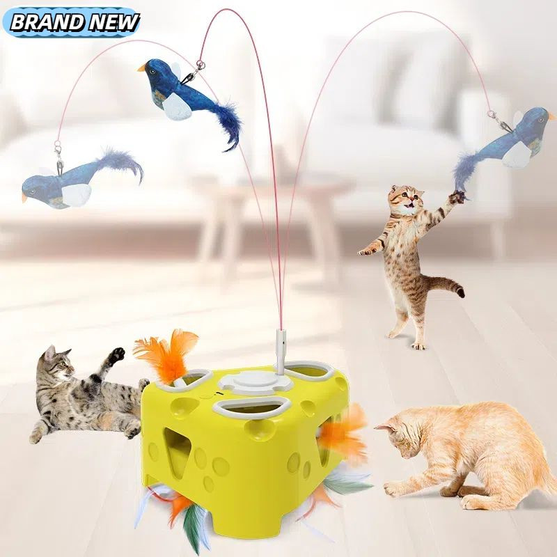 Chair style cat toy with floating bird and feather to tease the cat